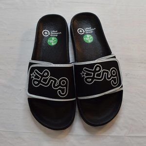 Lifted Research Group LRG Mens Cursive Logo Slides Black Sandals Shoes New 9